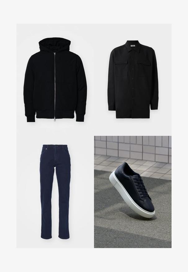 Mustaga kapuutsiga jakk, millel on esineed, kenguru tasku, soonikkoes, ja alläär, esitatud lihtsal valgel taustal.; Mustmust värvi nööpidega särk, mis on valmistatud sujuvast kangast, klassikalise kraega, kahe eesmise tasku ja pikkade varrukatega, millel on nööpidega mansetid.; Tumesinised teksapüksid sirge lõikega, esikotidega ja nööbiga sulgemisega. Omab siledat tekstuuri ja minimaalset õmblusdetailide hulka.; Mustast nahast tennisetoss, millel on ümar nina ja valge kummist tall. Omab siredaid paelu ja minimaalset õmblemist ülemises osas. Tekstuuriga tald, mis tagab haakuvuse.