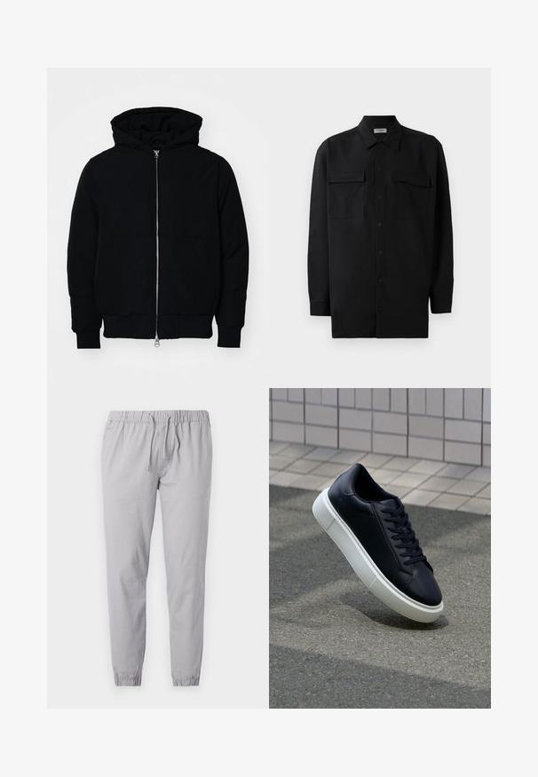 Črna kapuca jakna s sprednjim zadrgo, kenguru žepom, rebrastimi manšetami in hemom, razstavljena na enostavni beli ozadju.; Črn srajčni zgornji del iz gladkega materiala, s klasičnim ovratnikom, dvema sprednjima žepoma in dolgimi rokavi z gumbi na manšetah.; Svetlo sivi jogger hlače iz mehkega materiala, z elastičnim pasom na vrvico in zoženimi hlačnicami z nabranimi konci.; Črne usnjene superge z zaobljenim prstom in belim gumijastim podplat. Imajo ravne vezalke in minimalno šivanje na zgornjem delu. Teksturirani podplat za oprijem.