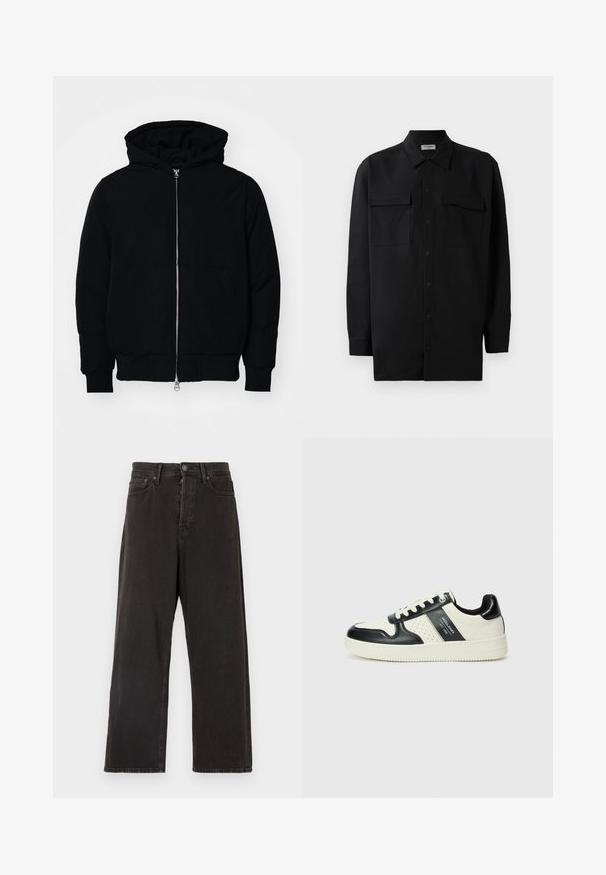 Black hooded jacket with front zipper, kangaroo pocket, ribbed cuffs, and hem, displayed on a plain white background.; Black button-up shirt made of smooth fabric, featuring a classic collar, two front pockets, and long sleeves with button cuffs.; Black wide-leg jeans made of denim, featuring a button and zipper closure, belt loops, and side pockets with a faint texture.; Leather sneakers with a black and cream color scheme, featuring perforated accents, a padded collar, and a textured outsole.