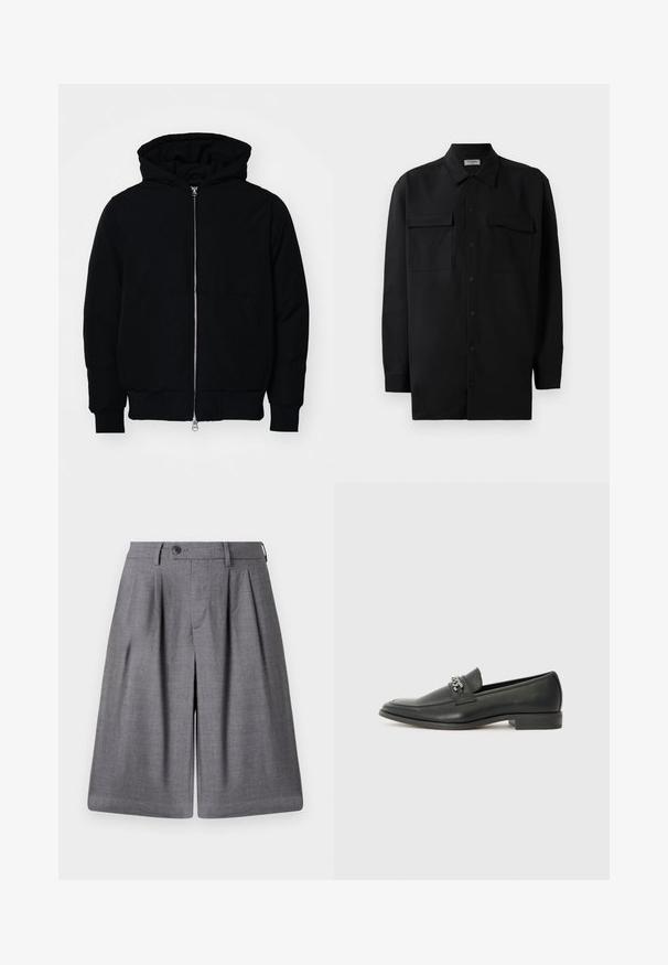 Zwarte hoodie met rits aan de voorkant, kangoeroe-pocket, geribbelde manchetten en zoom, weergegeven op een effen witte achtergrond.; Zwarte button-up shirt gemaakt van gladde stof, met een klassieke kraag, twee voorzakken en lange mouwen met knopenmanchetten.; Grijze op maat gemaakte shorts van soepel stof, voorzien van plooien, een knoopsluiting en een strakke tailleband voor een gestructureerde pasvorm.; Zwarte leren instapper met een gladde afwerking, voorzien van een gestikt ontwerp en een decoratieve metalen kettingaccent over de wreef. Platte hak.