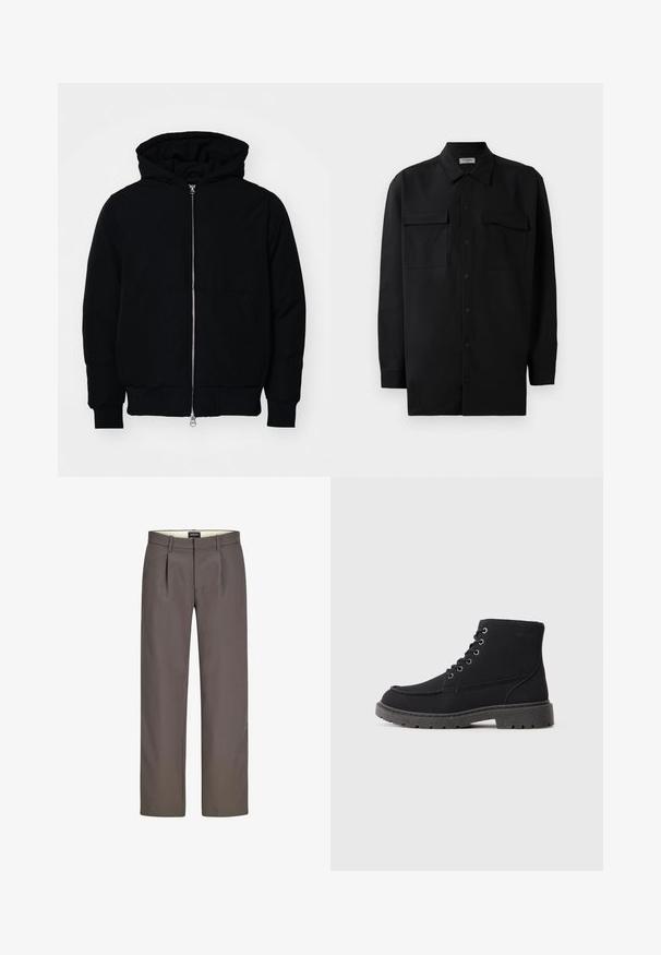 Veste à capuche noire avec fermeture éclair sur le devant, poche kangourou, poignets et ourlet côtelés, présentée sur un fond blanc uni.; Chemise noire à manches longues en tissu lisse, dotée d'un col classique, de deux poches devant et de poignets à boutons.; Pantalons gris avec un design à jambes droites, dotés de plis, d'une fermeture éclair et d'une texture lisse. La doublure interne est de couleur crème.; Bottines noires en daim et matériau synthétique. Bout arrondi, six œillets avec lacets métalliques, semelle en caoutchouc épaisse et détails de texte minimalistes.