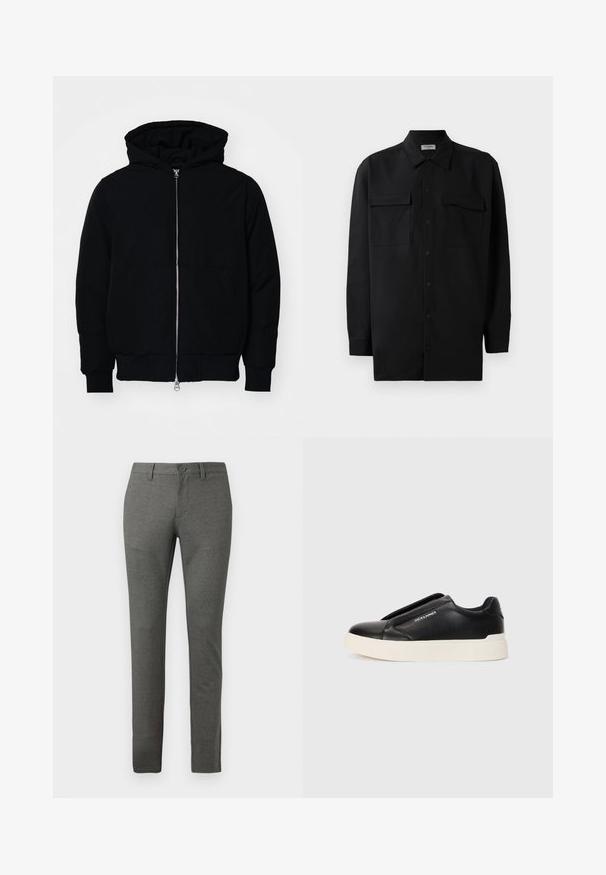 Veste à capuche noire avec fermeture éclair sur le devant, poche kangourou, poignets et ourlet côtelés, présentée sur un fond blanc uni.; Chemise noire à manches longues en tissu lisse, dotée d'un col classique, de deux poches devant et de poignets à boutons.; Pantalon gris sur mesure avec une finition texturée, design slim fit, poches avant et fermeture à un bouton à la taille.; Baskets noires à enfiler avec un dessus en cuir texturé, semelle en caoutchouc blanche et sans lacets visibles. Présente le logo de la marque sur le côté.