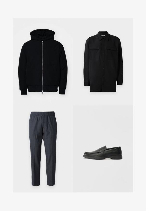 Melna kapucēta jaka ar priekšējo rāvējslēdzēju, kenguru kabatu, ribinātām aprocēm un apakšmalu, parādīta uz vienkārša balta fona.; Melnā pogu krekla, kas izgatavota no gludas auduma, ar klasisku apkakli, divām priekšējām kabatām un garām piedurknēm ar pogu aprocēm.; Austi tumši pelēki bikses ar elastīgu jostasvītru, taisnu kāju dizainu, vieglu tekstūru un bez redzamām detaļām vai rakstiem.; Melnas ādas loafers ar gludu apdari, mokasīnu stila augšdaļu, šūtu detalizāciju un gumijas zoli. Klasisks dizains ar zemu papēdi.