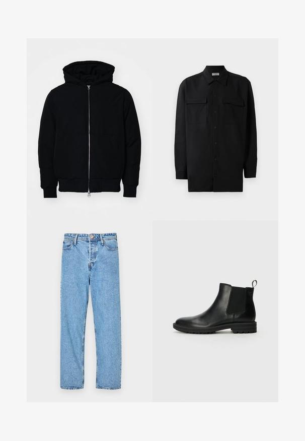 Czarna kurtka z kapturem, z suwakiem z przodu, kieszenią kangurką, ściągaczami przy mankietach i dolnym brzegu, prezentowana na jednolitym białym tle.; Czarna koszula z guzikami wykonana z gładkiego materiału, z klasycznym kołnierzykiem, dwoma przednimi kieszeniami i długimi rękawami z mankietami na guziki.; Jasnoniebieskie dżinsy z prostymi nogawkami, pięcioma kieszeniami, widocznym przeszyciem oraz zapięciem na guzik i zamek błyskawiczny.; Jack & Jones WHOSKINS antracytowy