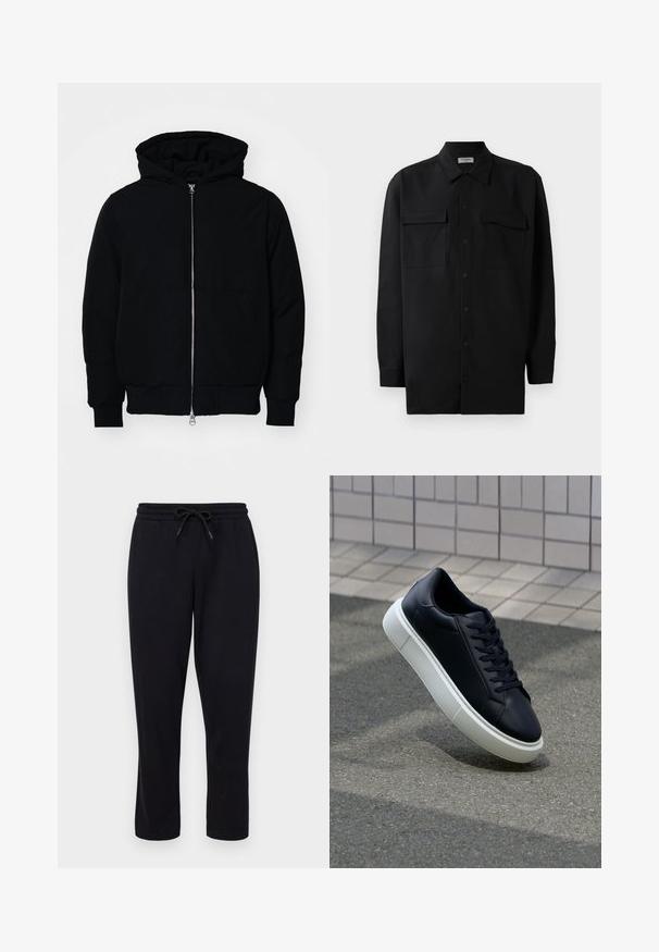 Sort hættejakke med frontlynlås, kængurulomme, ribbede manchetter og kant, præsenteret på en ensfarvet hvid baggrund.; Sort skjorte med knapper lavet af glat stof, med klassisk krave, to frontlommer og lange ærmer med knapmanchetter.; Only & Sons ONSCONNOR STRAIGHT PANTS - Træningsbukser - black; Sort lædersneaker med rund tå og hvid gummisål. Har flade snørebånd og minimal syning på overdelen. Tekstureret sål for bedre greb.