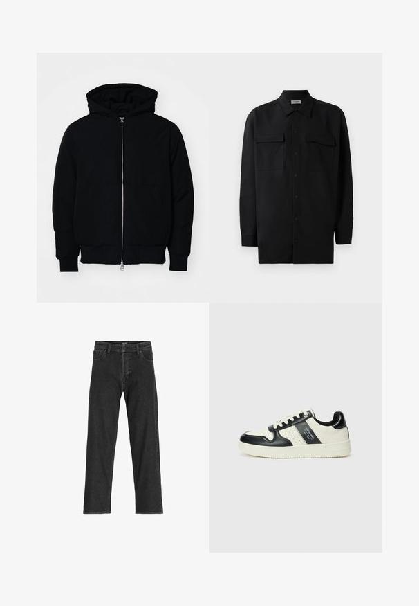 Mustaga kapuutsiga jakk, millel on esineed, kenguru tasku, soonikkoes, ja alläär, esitatud lihtsal valgel taustal.; Mustmust värvi nööpidega särk, mis on valmistatud sujuvast kangast, klassikalise kraega, kahe eesmise tasku ja pikkade varrukatega, millel on nööpidega mansetid.; Mustad siidist teksad, sirge jalgadega disainiga, tõmbluku ja vöödega, kuue taskuga, valmistatud tugevast puuvilla ja sünteetilise kiu segust.; Nahatud nahkkingad musta ja kreemi värviskeemiga, millel on perforeeritud aktsendid, pehme krae ja tekstureeritud tallad.