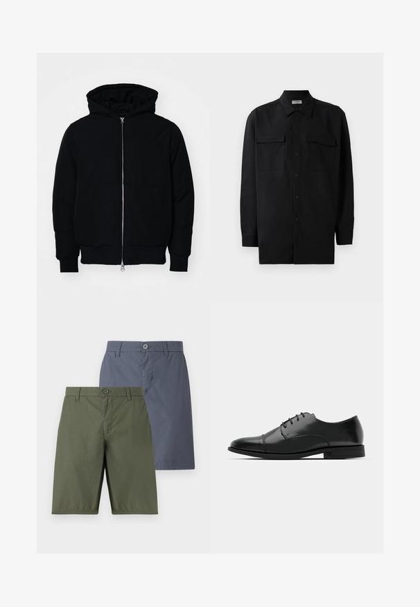 Black hooded jacket with front zipper, kangaroo pocket, ribbed cuffs, and hem, displayed on a plain white background.; Black button-up shirt made of smooth fabric, featuring a classic collar, two front pockets, and long sleeves with button cuffs.; Two pairs of shorts: one olive green, one navy blue. Both feature a button closure, straight cut, and smooth fabric with a slight sheen.; Black leather dress shoe with a rounded toe, lace-up design, subtle stitching details, and a low heel. Smooth texture with polished finish.