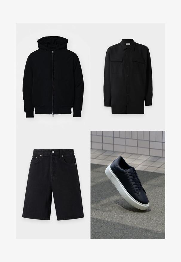Svart hettejakke med frontglidelås, kengurulomme, ribbestrikket mansjetter og søm, vist på en ensfarget hvit bakgrunn.; Svart skjorte med knapper laget av glatt stoff, med klassisk krage, to frontlommer og lange ermer med knappe mansjetter.; Svarte denimshorts med rett snitt. Egenskaper inkluderer glidelås, fem lommer, sølvfarget hardware og en subtil teksturfinish.; Sorte skinnsneakers med rund tå og hvit gummisåle. Har flate lisser og minimal søm på overdelen. Strukturert såle for grep.