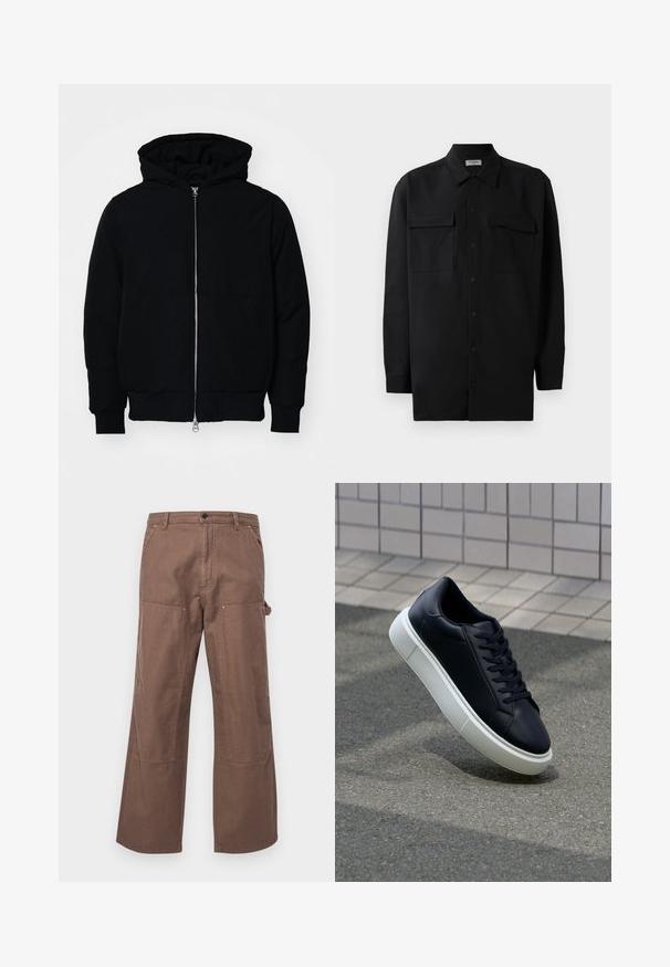 Veste à capuche noire avec fermeture éclair sur le devant, poche kangourou, poignets et ourlet côtelés, présentée sur un fond blanc uni.; Chemise noire à manches longues en tissu lisse, dotée d'un col classique, de deux poches devant et de poignets à boutons.; Pantalons cargo en coton marron avec une coupe décontractée, des poches latérales et de grands renforts aux genoux pour plus de durabilité et de style.; Baskets noires en cuir avec bout arrondi et semelle en caoutchouc blanc. Elles présentent des lacets plats et une couture minimale sur la tige. Semelle texturée pour une bonne adhérence.