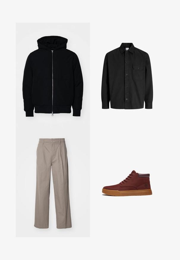 Schwarze Kapuzenjacke mit Frontreißverschluss, Kängurutasche, gerippten Bündchen und Saum, auf einem schlichten weißen Hintergrund präsentiert.; Schwarzes Langarm-Hemd mit Knopfleiste, Kragen und einer einzelnen Brusttasche mit knöpfbarem Deckel.; Beige weite Beinhose aus Baumwollmischung mit Falten und Knopfverschluss. Glatte Textur mit genähten Säumen.; Timberland Sneaker high - burgundy