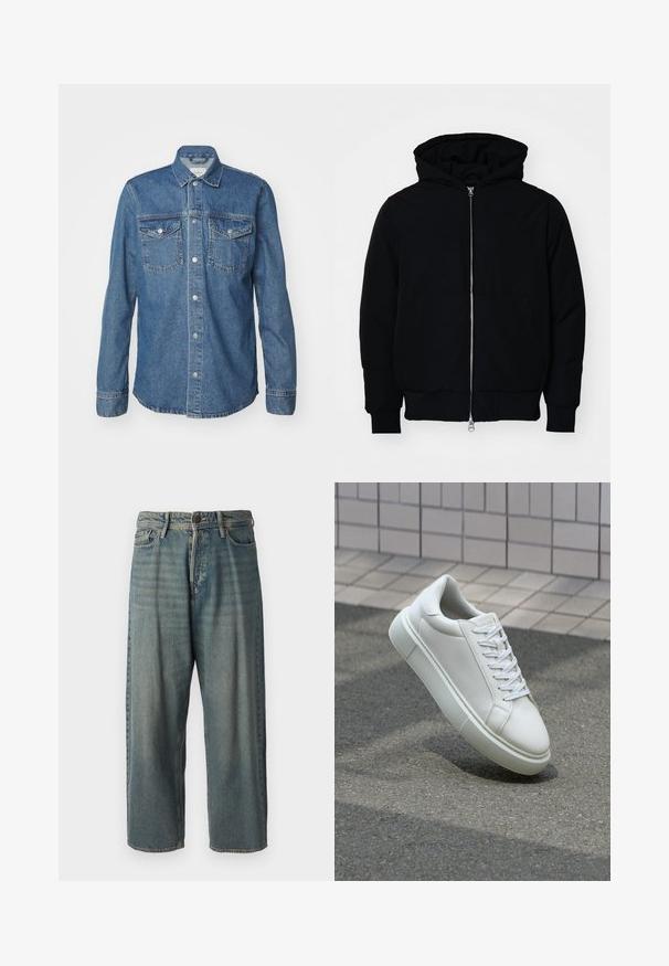 Melna kapucēta jaka ar priekšējo rāvējslēdzēju, kenguru kabatu, ribinātām aprocēm un apakšmalu, parādīta uz vienkārša balta fona.; Zila džinsu krekls ar divām krūšu kabatām, pogu slēgšanu, garām piedurknēm un izklājošu apkakli. Audumam ir teksturēta virsma.; Gaiši zili džinsi ar brīvu piegriezumu, vidējo jostas augstumu un taisnām kājām. Satur piecas kabatas, jostas cilpas un pogu aizdari.; Baltas ādas sporta apavi ar gludu virsmu, apaļu pirkstu un plakanām baltām šņorēm. Iezīmējas ar strukturētu gumijas zoli un minimālisma dizaina elementiem.