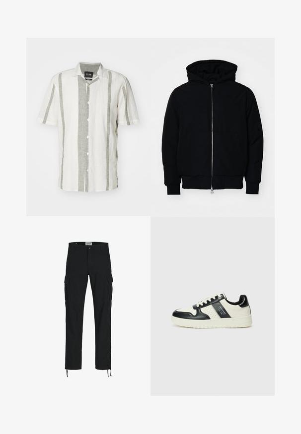 Black hooded jacket with front zipper, kangaroo pocket, ribbed cuffs, and hem, displayed on a plain white background.; Short-sleeve button-up shirt in white with light grey vertical stripes. Made of linen, featuring a classic collar and five buttons down the front.; Black cargo pants with a straight cut, featuring side pockets, a button closure, and elastic drawstrings at the ankles. Made from durable fabric.; Leather sneakers with a black and cream color scheme, featuring perforated accents, a padded collar, and a textured outsole.