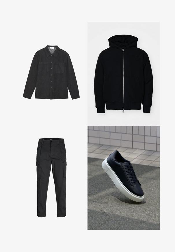 Black hooded jacket with front zipper, kangaroo pocket, ribbed cuffs, and hem, displayed on a plain white background.; Dark gray shirt made of textured fabric, featuring a pointed collar, button front, and two chest pockets. Long sleeves with buttoned cuffs.; Black cargo pants made of sturdy fabric, featuring multiple pockets, a button closure, and a slim fit design with tapered legs.; Black leather sneaker with rounded toe and white rubber sole. Features flat laces and minimal stitching on the upper. Textured sole for grip.