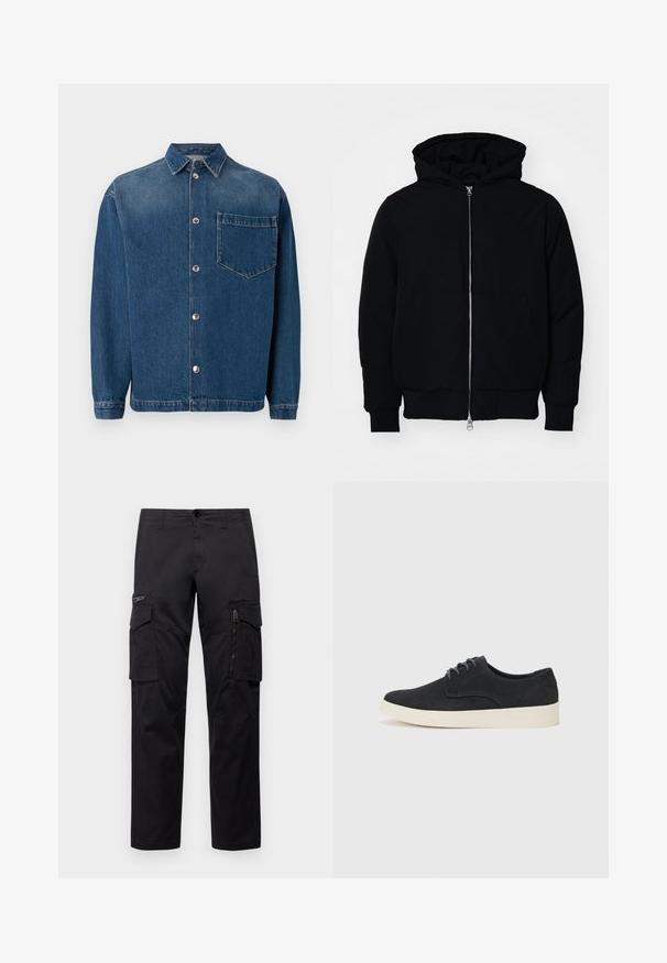 Chaqueta negra con capucha, cierre frontal, bolsillo tipo canguro, y puños y dobladillo acanalados, exhibida sobre un fondo blanco liso.; Camisa de mezclilla azul oscuro con cierre de botones en la parte delantera, cuello y un solo bolsillo en el pecho. Textura suave y corte clásico. Botones de plata como herrajes.; Pantalones cargo negros con múltiples bolsillos, un bolsillo con cremallera en el muslo, corte recto y tejido de algodón resistente con un ligero brillo.; Zapato negro de ante con cordones, punta redonda, suela ligera de color crema y sutiles acentos de costura azul en la parte superior.
