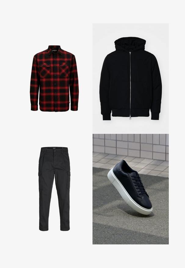 Veste à capuche noire avec fermeture éclair sur le devant, poche kangourou, poignets et ourlet côtelés, présentée sur un fond blanc uni.; Chemise en flanelle à carreaux rouges et noirs avec deux poches poitrine, devant à boutons et col. Fabriquée en tissu doux et texturé.; Pantalons cargo noirs en tissu résistant, dotés de plusieurs poches, d'une fermeture par bouton et d'une coupe slim avec des jambes fuselées.; Baskets noires en cuir avec bout arrondi et semelle en caoutchouc blanc. Elles présentent des lacets plats et une couture minimale sur la tige. Semelle texturée pour une bonne adhérence.