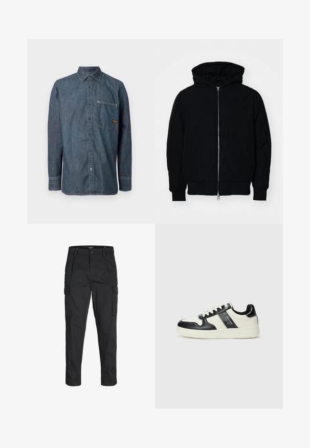 Black hooded jacket with front zipper, kangaroo pocket, ribbed cuffs, and hem, displayed on a plain white background.; Denim long-sleeve button-up shirt with pointed collar and chest pocket featuring a small brown brand label.; Black cargo pants made of sturdy fabric, featuring multiple pockets, a button closure, and a slim fit design with tapered legs.; Leather sneakers with a black and cream color scheme, featuring perforated accents, a padded collar, and a textured outsole.