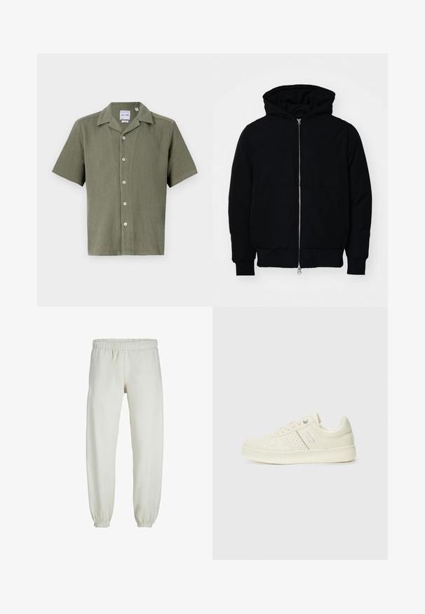 Giacca nera con cappuccio, dotata di zip frontale, tasca a marsupio, polsini e orlo a coste, esposta su uno sfondo bianco semplice.; Camicia a maniche corte verde oliva, con texture a coste, presenta un colletto e sei bottoni chiari lungo la parte anteriore.; Pantaloni tuta bianchi realizzati in tessuto morbido, dotati di vita e polsini elastici, con una texture liscia e una vestibilità ampia.; Sneaker color crema con dettagli perforati, lacci e logo sul lato, esposta su uno sfondo bianco semplice.