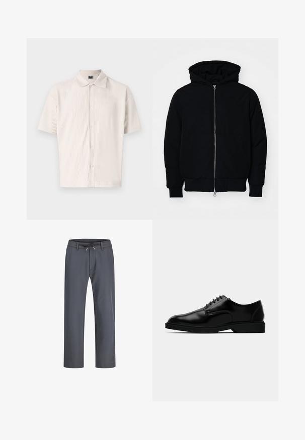 Melna kapucēta jaka ar priekšējo rāvējslēdzēju, kenguru kabatu, ribinātām aprocēm un apakšmalu, parādīta uz vienkārša balta fona.; Īsām piedurknēm, gaiši bēšs krekls ar apkakli un vertikālajām svītrām. Aprīkots ar pogu priekšpusi un brīvu piegriezumu. Mīksta tekstūra.; Pelēkas, elastīgas jostas bikses ar auklu. Taisna kāju dizains, pagatavots no gludas auduma, ar minimālu šuvju skaitu un bez redzamām detaļām.; Melnas ādas kleita kurpes ar gludu apdari, noapaļotu pirkstu, aukliņu dizainu un nepiespiestu gumijas zoli labākai saķerei.