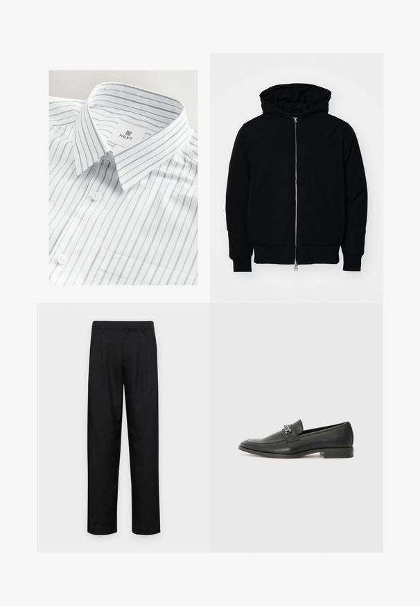 Chaqueta negra con capucha, cierre frontal, bolsillo tipo canguro, y puños y dobladillo acanalados, exhibida sobre un fondo blanco liso.; Camisa blanca de vestir con finas rayas verticales grises, cuello abotonado, un bolsillo en el pecho y etiqueta de marca cosida en el interior del cuello.; Pantalones negros de tela suave, con un diseño de pierna recta, dos pliegues frontales y una cintura estándar con trabillas para el cinturón.; Mocasín de cuero negro con un acabado suave, que cuenta con un diseño de costura y un acento decorativo de cadena de metal en el empeine. Tacón plano.