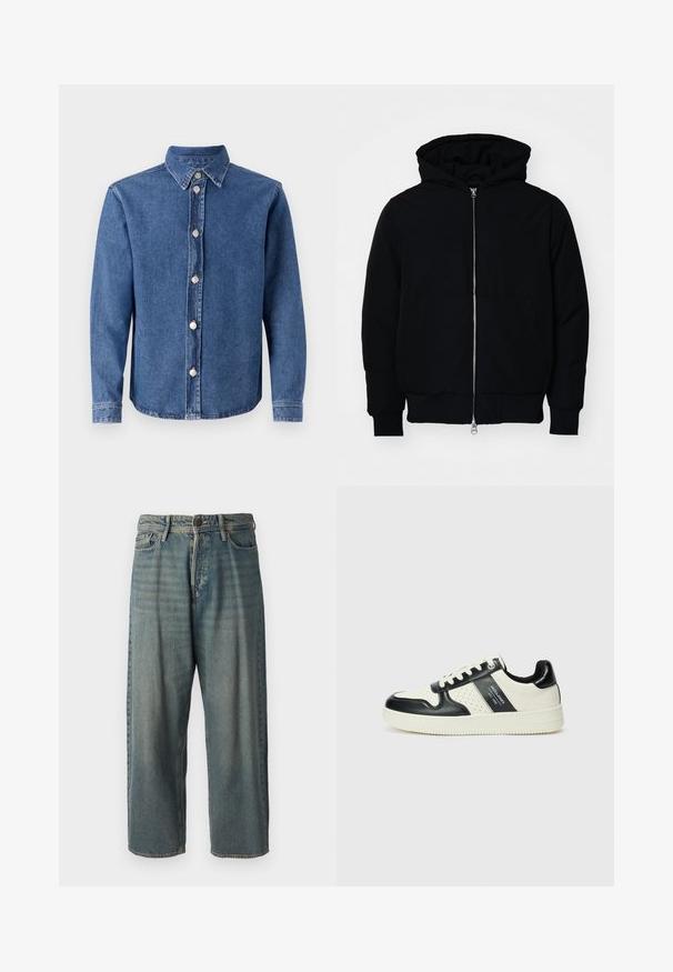 Black hooded jacket with front zipper, kangaroo pocket, ribbed cuffs, and hem, displayed on a plain white background.; Denim shirt in medium blue with a spread collar, long sleeves, and silver button closure down the front. Features a smooth texture.; Light blue denim jeans with a loose fit, mid-rise waist, and straight legs. Features five pockets, belt loops, and a button closure.; Leather sneakers with a black and cream color scheme, featuring perforated accents, a padded collar, and a textured outsole.