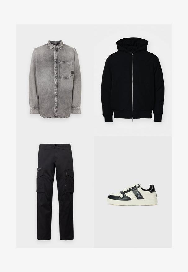 Chaqueta negra con capucha, cierre frontal, bolsillo tipo canguro, y puños y dobladillo acanalados, exhibida sobre un fondo blanco liso.; Camisa de mezclilla gris, de botones, de manga larga, con tejido de peso medio, un bolsillo en el pecho, acabado desgastado con botones en contraste, cuello clásico.; Pantalones cargo negros con múltiples bolsillos, un bolsillo con cremallera en el muslo, corte recto y tejido de algodón resistente con un ligero brillo.; Zapatillas de cuero con un esquema de colores negro y crema, que cuentan con acentos perforados, un collar acolchado y una suela texturizada.