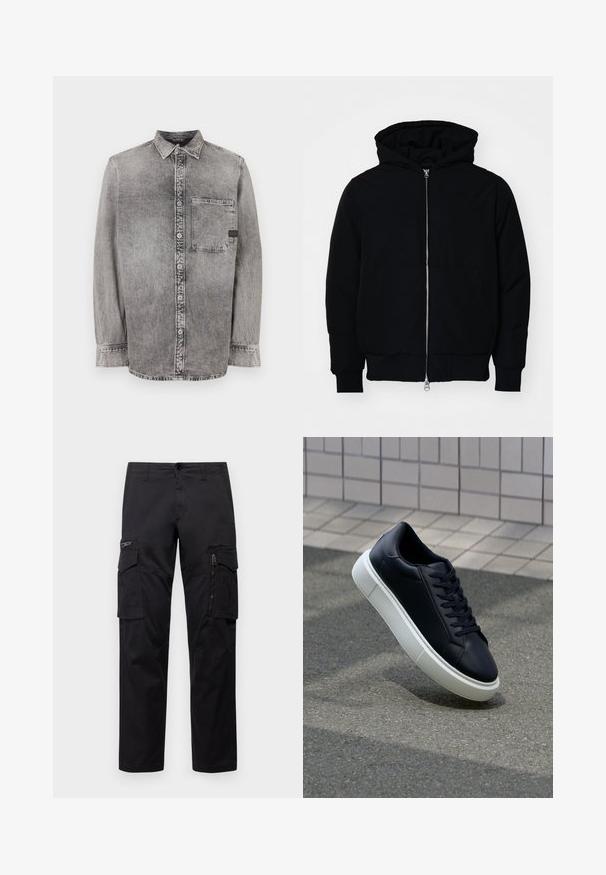 Giacca nera con cappuccio, dotata di zip frontale, tasca a marsupio, polsini e orlo a coste, esposta su uno sfondo bianco semplice.; Camicia in denim grigio, maniche lunghe, tessuto di peso medio, taschino sul petto, finitura sbiadita con bottoni a contrasto, colletto classico.; Pantaloni cargo neri con multiple tasche, tasca con zip sulla coscia, vestibilità dritta e in resistente cotone con un leggero lucido.; Sneaker in pelle nera con punta arrotondata e suola in gomma bianca. Presenta lacci piatti e cuciture minime sulla parte superiore. Suola testurizzata per una migliore aderenza.