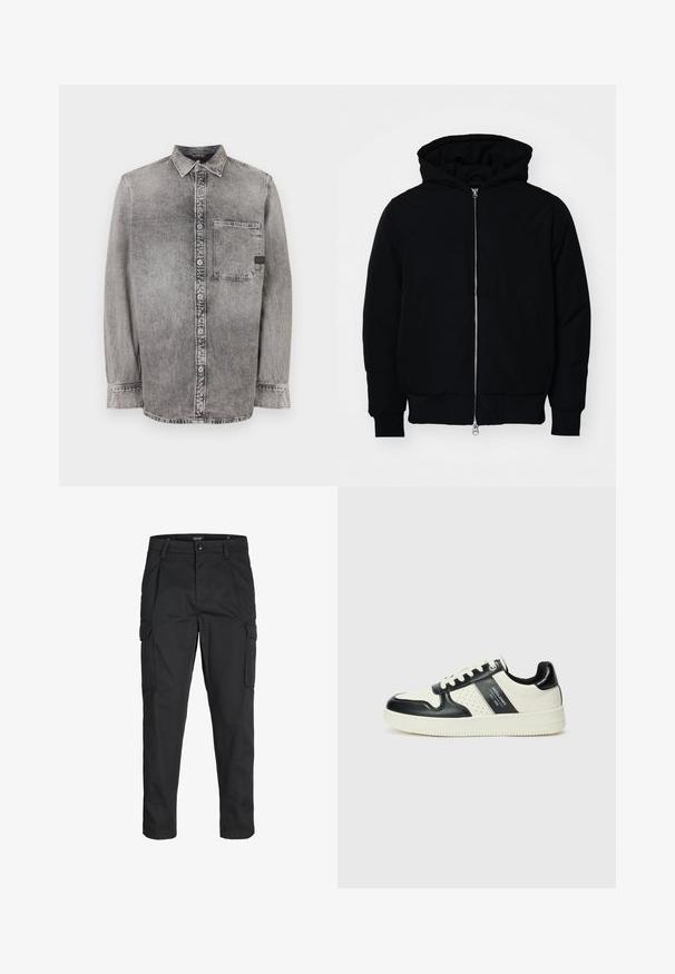 Jachetă neagră cu glugă, cu fermoar în față, buzunar tip kangaroo, mansete și tiv ribbed, prezentată pe un fundal alb simplu.; Cămașă din denim gri, cu nasturi, mâneci lungi, material de greutate medie, cu un singur buzunar pe piept, finisaj decolorat cu nasturi contrastanți, guler clasic.; Pantaloni cargo negri dintr-un material rezistent, cu multiple buzunare, închidere cu nasture și un design slim fit cu picioare conice.; Tenisi din piele cu un scheme de culori negru și crem, dotati cu accente perforate, guler căptușit și o talpă texturată.