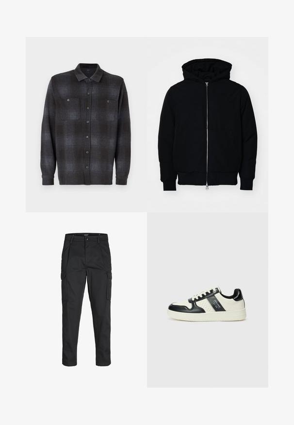 Svart huoodiejacka med framdragkedja, känguruficka, ribbade ärmslut och nederkant, uppställd mot en vit bakgrund.; Mörkgrå och svart rutigt långärmad skjorta med knappar, som har två bröstfickor och en standardkrage. Slät tygtextur.; Svarta cargobyxor tillverkade av hållbart tyg, med flera fickor, knappstängning och en smal passform med avsmalnande ben.; Läder sneakers med en svart och krämfärgad färgsättning, med perforerade detaljer, en vadderad krage och en strukturerad yttersula.