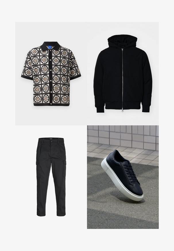 Sort hættejakke med frontlynlås, kængurulomme, ribbede manchetter og kant, præsenteret på en ensfarvet hvid baggrund.; Kortærmet sort skjorte med indviklede hvide og beige blomster-crochet mønstre, med knaplukning foran og flad krave.; Sorte cargo-bukser lavet af slidstærkt stof, der har flere lommer, en knaplukning og et slim fit design med smalle ben.; Sort lædersneaker med rund tå og hvid gummisål. Har flade snørebånd og minimal syning på overdelen. Tekstureret sål for bedre greb.