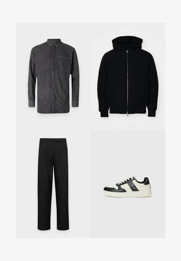Jachetă neagră cu glugă, cu fermoar în față, buzunar tip kangaroo, mansete și tiv ribbed, prezentată pe un fundal alb simplu.; Cămașă cu nasturi din denim gri închis, cu mâneci lungi, guler și un buzunar pe piept cu o textură estompată și detalii de cusătură contrastante.; Pantaloni negri dintr-un material neted, cu un design drept, două pliuri frontale și un tiv standard cu bucle pentru curea.; Tenisi din piele cu un scheme de culori negru și crem, dotati cu accente perforate, guler căptușit și o talpă texturată.