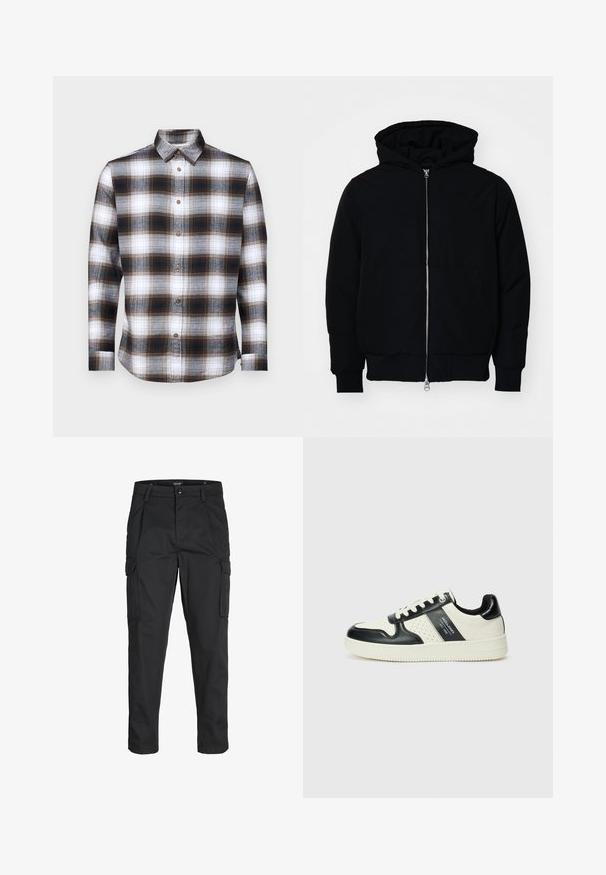 Černá kapucňová bunda s předním zipem, klokaní kapsou, vroubkovanými manžetami a spodním lemem, vystavená na čistém bílém pozadí.; Hedvábná košile s dlouhým rukávem v kostkovaném vzoru v hnědých, černých a bílých barvách, s límečkem na knoflíky a hnědými knoflíky na měkké látce.; Černé cargo kalhoty vyrobené z odolné tkaniny, s mnoha kapsami, knoflíkovým zapínáním a slim fit střihem se zúženými nohavicemi.; Kožené tenisky s černobílou barevnou kombinací, které mají perforované detaily, polstrovaný límec a texturovanou podrážku.
