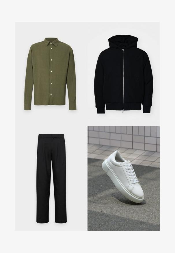 Jachetă neagră cu glugă, cu fermoar în față, buzunar tip kangaroo, mansete și tiv ribbed, prezentată pe un fundal alb simplu.; Cămașă verde măsliniu cu mâneci lungi, nasturi și guler ascuțit, cu un model subtil de țesătură texturată, afișată pe un fundal simplu.; Pantaloni negri dintr-un material neted, cu un design drept, două pliuri frontale și un tiv standard cu bucle pentru curea.; Sneaker alb din piele cu o suprafață netedă, vârf rotund și șireturi plate albe. Dispune de o talpă din cauciuc texturată și elemente de design minimale.