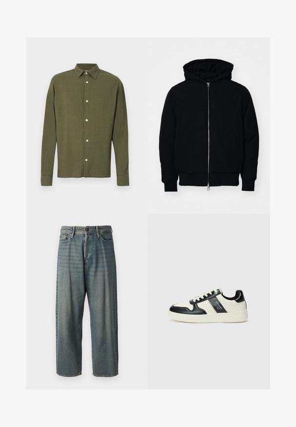 Čierna kapucňová bunda s predným zipsom, klokaními vreckami, rebrovanými manžetami a lemom, zobrazená na bielom pozadí.; Olivovo zelená košeľa s dlhými rukávmi, zapínaná na gombíky, so špicatým golierom a jemným textúrovaným vzorom látky, zobrazená na neutrálnom pozadí.; Svetlomodré denimové nohavice so voľným strihom, stredne vysokým pásom a rovnými nohavicami. Obsahujú päť vreciek, pútka na opasok a zapínanie na gombík.; Kožené tenisky v čierno-krémovej farbe, s perforovanými akcentmi, polstrovaným golierom a štruktúrovanou podrážkou.