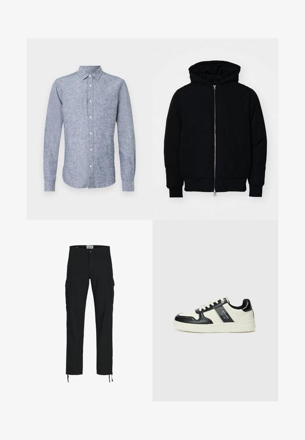 Black hooded jacket with front zipper, kangaroo pocket, ribbed cuffs, and hem, displayed on a plain white background.; Blue linen long-sleeve shirt with a button-down collar, featuring a textured fabric and a curved hem. Five front buttons in a single row.; Black cargo pants with a straight cut, featuring side pockets, a button closure, and elastic drawstrings at the ankles. Made from durable fabric.; Leather sneakers with a black and cream color scheme, featuring perforated accents, a padded collar, and a textured outsole.