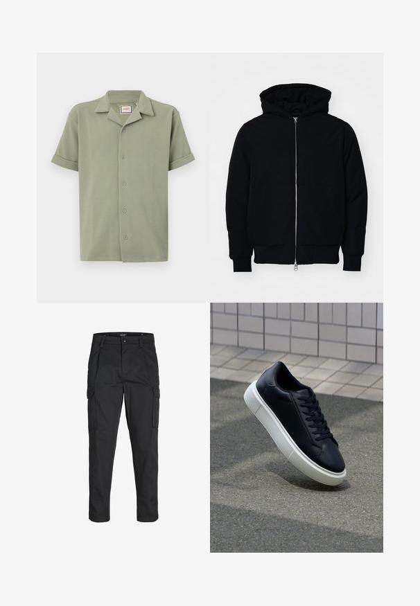 Melna kapucēta jaka ar priekšējo rāvējslēdzēju, kenguru kabatu, ribinātām aprocēm un apakšmalu, parādīta uz vienkārša balta fona.; Gaismas zaļas krāsas īsām piedurknēm krekls, izgatavots no teksturēta auduma ar iegriezto apkakli un sešu pogu priekšējo aizdari. Rullētās piedurknes nodrošina brīvu piegriezumu.; Melnas kravas bikses, izgatavotas no izturīga auduma, ar vairākiem kabatām, pogu aizdari un šaura piegriezuma dizainu ar sašaurinātiem kāju apakšiem.; Melnas ādas kedas ar noapaļotu pirkstu un baltu gumijas zoli. Iespējas - plakanas šņorītes un minimāla apdare augšdaļā. Struktūrēta zole, lai nodrošinātu saķeri.