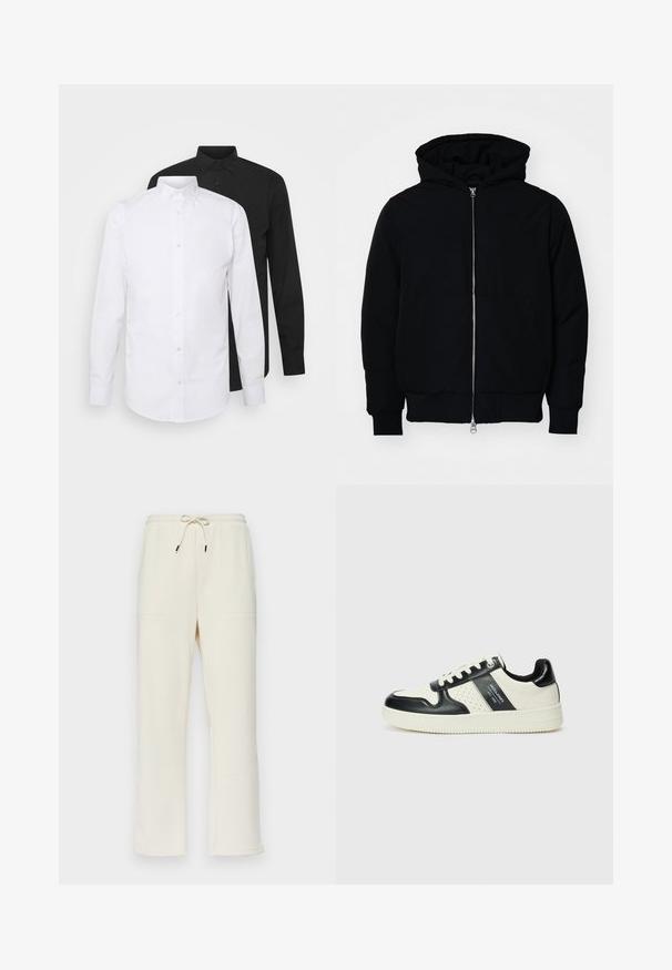 Crna kapuška jakna s prednjim zatvaračem, kenguru džepom, rebrastim manžetama i rubom, prikazana na običnoj bijeloj pozadini.; Dvoje košulja dugih rukava, jedna bijela i jedna crna, s oštrim kragnama i dugmadima, napravljene od glatkog materijala.; Kremaste rebraste trenirke s pojasom na vezanje, koje imaju dvije bočne džepove i ravni kroj.; Kožne tenisice s crno-bijelom paletom boja, koje imaju perforirane akcentne detalje, podstavljeni ovratnik i teksturiranu potplat.