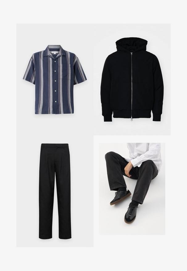 Fekete kapucnis dzseki elülső cipzárral, kenguruzsebbel, bordázott mandzsettákkal és aba, egy sima fehér háttér előtt.; Tengerés színű, rövid ujjú gombos ing függőleges csíkokkal. Zsebbel rendelkezik, és kontrasztos textúrájú minták vannak rajta szürkében és vörösben.; Fekete nadrág sima anyagból, egyenes szárú fazonnal, két elülső redővel és közönséges derékkal, övhurkokkal.; Fekete tornacipők sima és texturált felsőrészel, gumitalppal és sötét cipőfűzőkkel. Fekete farmernadrággal és fehér csíkos inggel párosítva.