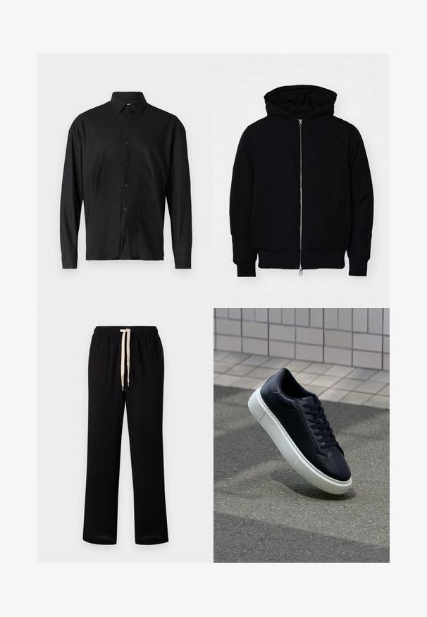 Black hooded jacket with front zipper, kangaroo pocket, ribbed cuffs, and hem, displayed on a plain white background.; Black long-sleeve shirt featuring a ribbed texture, pointed collar, and front button closure with matching buttons.; Black pull-on pants with an elastic waistband, featuring a contrasting cream drawstring. Straight-leg design with a smooth texture.; Black leather sneaker with rounded toe and white rubber sole. Features flat laces and minimal stitching on the upper. Textured sole for grip.