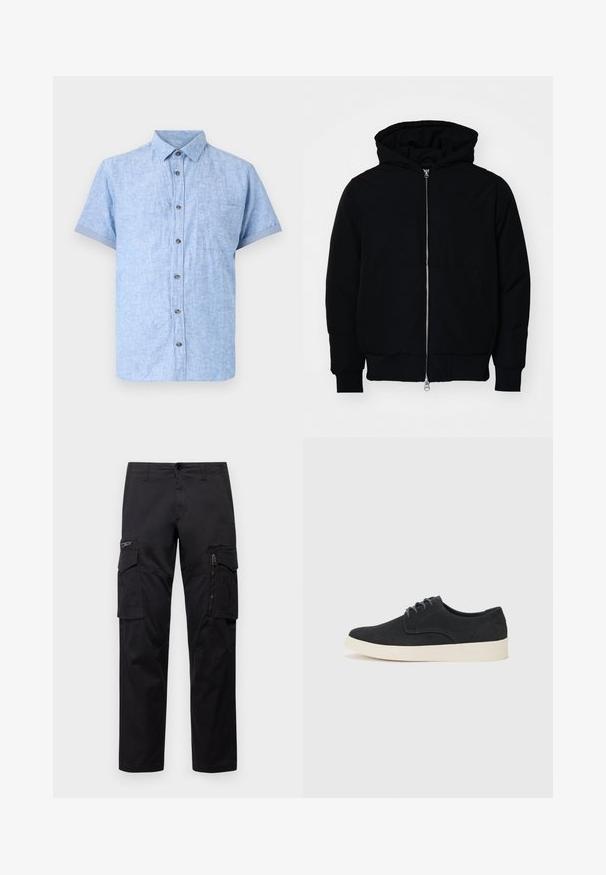 Juodas gobtuvėlis su priekiniu užtrauktuku, kengūros tipo kišene, lygiais rankogaliais ir apvadu, pateiktas ant vientiso balto fono.; Šviesiai mėlyna trumpomis rankovėmis marškiniai, pagaminti iš tekstūruoto audinio, su mygtukų užsegimu priekyje, kišenė su segtuku ir sukabintomis rankovėmis.; Juodos krovinių kelnės, turinčios kelis kišenes, užtrauktuku uždaromą kišenę ant šlaunies, tiesaus kirpimo ir tvirtos medvilnės audinys su nežymiu blizgesiu.; Juodas zomšinės batų modelis su raišteliais, su apvalia nosimi, lengvu kreminiu padu ir subtiliais mėlynos siūlės akcentais ant viršutinės dalies.