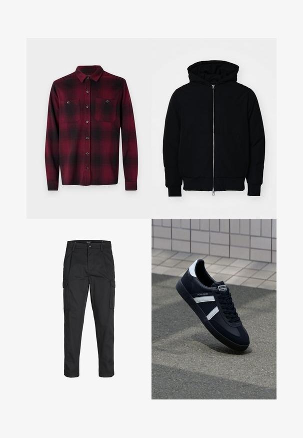 Mustat huppu-untuvatakki, jossa on vetoketju edessä, kenguru-tasku, ribatut hihansuut ja helma, esillä yksinkertaisella valkoisella taustalla.; Punainen ja musta ruudullinen flanellipaita pitkillä hihoilla, joissa on kaksi rintataskua, napitettava malli ja tavallinen kaulus. Pehmeä rakenne.; Mustat cargo-housut, jotka on valmistettu kestävästä kankaasta. Housuissa on useita taskuja, nappisulku ja kapea istuvuus, jossa on kapenevat lahkeet.; Mustat nahkakengät valkoisilla raidoilla, teksturoitu kumipohja ja nauha edessä. Varustettu merkkitarralla kielen päällä.