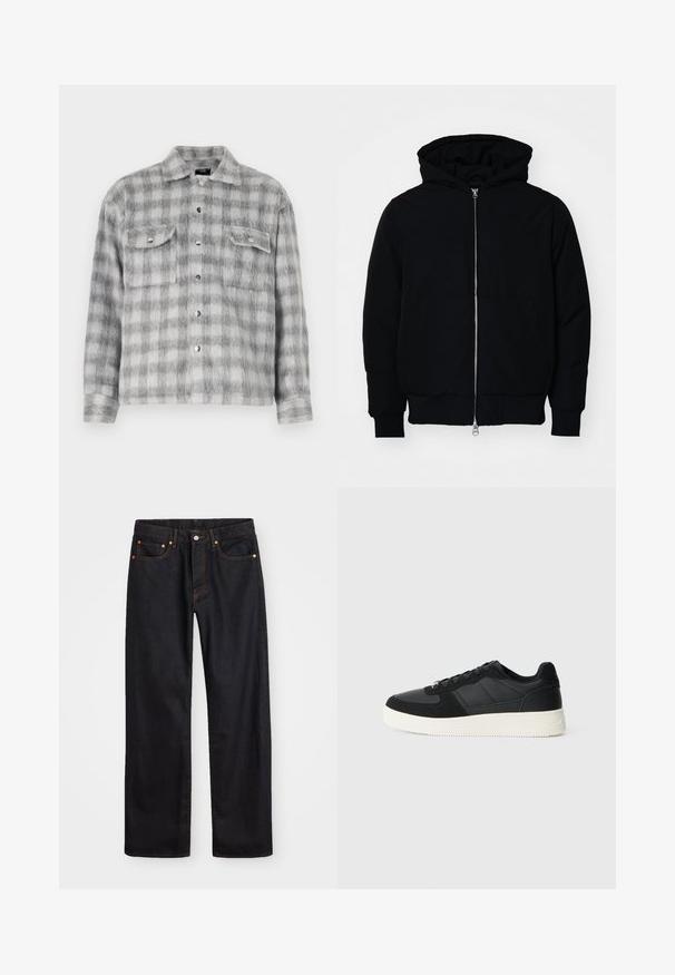 Crna kapuška jakna s prednjim zatvaračem, kenguru džepom, rebrastim manžetama i rubom, prikazana na običnoj bijeloj pozadini.; Sivi i bijeli karirani flanel košulja s mekim teksturom, koja ima dugmad sprijeda, dva džepa na prsima i duge rukave.; Muške traperice ravnog kroja, crne boje, s pet džepova i narančastim šavovima, sa zatvaranjem na dugme i patentni zatvarač na prednjem dijelu struka.; Crni niski tenisice s teksturiranom kožom i antilop panelima, bijelim gumene potplate i crnim vezicama na jednostavnoj svijetloj pozadini.