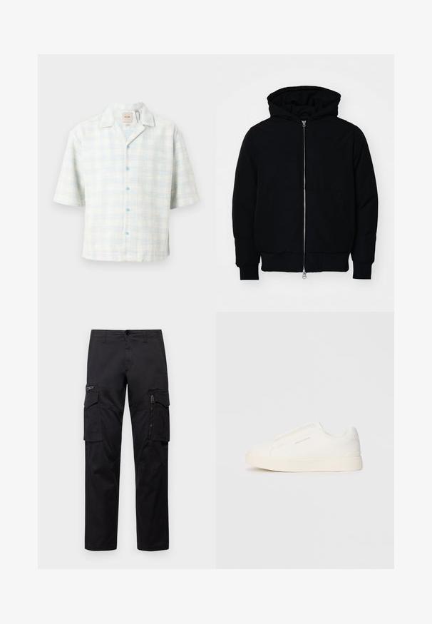 Chaqueta negra con capucha, cierre frontal, bolsillo tipo canguro, y puños y dobladillo acanalados, exhibida sobre un fondo blanco liso.; Camisa de manga corta en un patrón de cuadros azul claro y blanco, hecha de tela texturizada con botones azules y un cuello con solapa.; Pantalones cargo negros con múltiples bolsillos, un bolsillo con cremallera en el muslo, corte recto y tejido de algodón resistente con un ligero brillo.; Zapatillas blancas tipo slip-on con una superficie texturizada, suela gruesa y diseño minimalista. Presenta el logo de la marca en un lado.