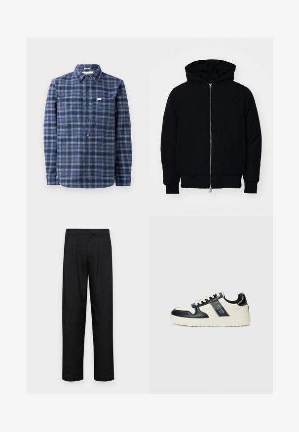 Čierna kapucňová bunda s predným zipsom, klokaními vreckami, rebrovanými manžetami a lemom, zobrazená na bielom pozadí.; Námornícky modrá kockovaná košeľa s gombíkmi vyrobená z tkaniny, s klasickým golierom, dlhými rukávmi a manžetami na tri gombíky.; Čierne nohavice vyrobené z hladkej tkaniny, s rovnými nohavicami, dvoma prednými skladmi a štandardným pásom s pútkami na opasok.; Kožené tenisky v čierno-krémovej farbe, s perforovanými akcentmi, polstrovaným golierom a štruktúrovanou podrážkou.