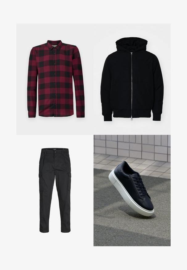 Jachetă neagră cu glugă, cu fermoar în față, buzunar tip kangaroo, mansete și tiv ribbed, prezentată pe un fundal alb simplu.; Cămașă cu mâneci lungi, cu nasturi, cu un model în carouri roșii și negre, guler clasic și manșete ajustate.; Pantaloni cargo negri dintr-un material rezistent, cu multiple buzunare, închidere cu nasture și un design slim fit cu picioare conice.; Tenis cu piele neagră, cu vârful rotund și talpă din cauciuc alb. Are șireturi plate și cusături minime pe suprafață. Tălpile texturate oferă aderență.