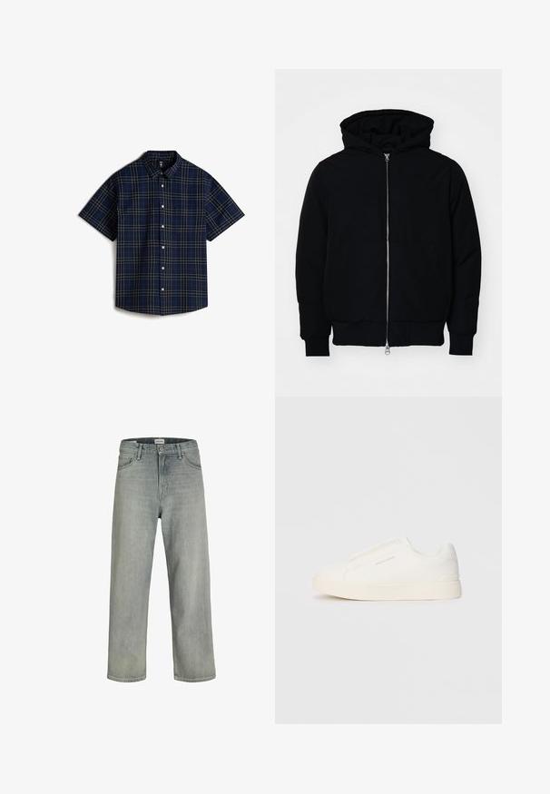 Giacca nera con cappuccio, dotata di zip frontale, tasca a marsupio, polsini e orlo a coste, esposta su uno sfondo bianco semplice.; Vans LAWSON - Camicia - medium blue; Jeans grigi chiaro, con vestibilità comoda, realizzati in denim. Presentano un classico design a cinque tasche, passanti per cintura e una silhouette a gamba dritta.; Sneakers bianchi slip-on con superficie texturizzata, suola spessa e design minimalista. Presentano il logo del marchio sul lato.