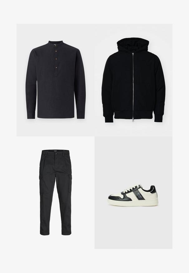 Jachetă neagră cu glugă, cu fermoar în față, buzunar tip kangaroo, mansete și tiv ribbed, prezentată pe un fundal alb simplu.; Cămașă neagră cu mâneci lungi, confecționată dintr-un material ușor, având un guler ridicat și patru nasturi maronii la decolteu.; Pantaloni cargo negri dintr-un material rezistent, cu multiple buzunare, închidere cu nasture și un design slim fit cu picioare conice.; Tenisi din piele cu un scheme de culori negru și crem, dotati cu accente perforate, guler căptușit și o talpă texturată.