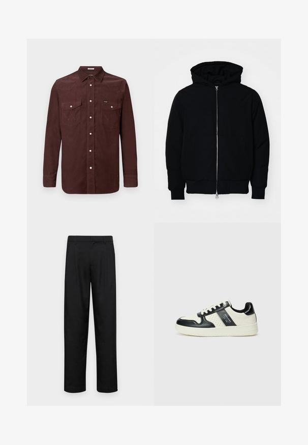 Jachetă neagră cu glugă, cu fermoar în față, buzunar tip kangaroo, mansete și tiv ribbed, prezentată pe un fundal alb simplu.; Cămașă din corduroy maro cu mânecă lungă, cu butoane cu prinse, două buzunare la piept cu clapete și un mic logo Wrangler pe buzunarul din stânga.; Pantaloni negri dintr-un material neted, cu un design drept, două pliuri frontale și un tiv standard cu bucle pentru curea.; Tenisi din piele cu un scheme de culori negru și crem, dotati cu accente perforate, guler căptușit și o talpă texturată.