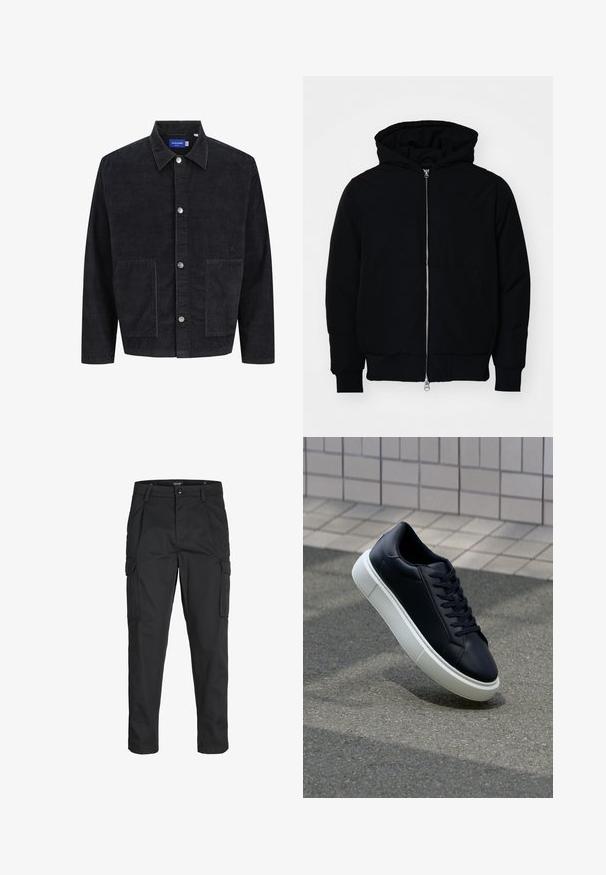 Black hooded jacket with front zipper, kangaroo pocket, ribbed cuffs, and hem, displayed on a plain white background.; Black corduroy jacket featuring a collar, front button closure, and two large pockets. Textured fabric with vertical ribbing.; Black cargo pants made of sturdy fabric, featuring multiple pockets, a button closure, and a slim fit design with tapered legs.; Black leather sneaker with rounded toe and white rubber sole. Features flat laces and minimal stitching on the upper. Textured sole for grip.
