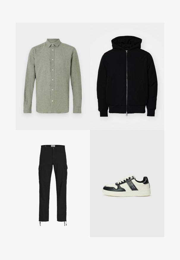 Black hooded jacket with front zipper, kangaroo pocket, ribbed cuffs, and hem, displayed on a plain white background.; Long-sleeve, collared shirt in light green, made from textured fabric, featuring a full button closure and a straight hem.; Black cargo pants with a straight cut, featuring side pockets, a button closure, and elastic drawstrings at the ankles. Made from durable fabric.; Leather sneakers with a black and cream color scheme, featuring perforated accents, a padded collar, and a textured outsole.