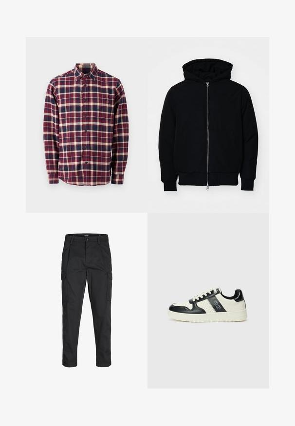 Črna kapuca jakna s sprednjim zadrgo, kenguru žepom, rebrastimi manšetami in hemom, razstavljena na enostavni beli ozadju.; GAP STANDARD - Srajca - purple; Črne cargo hlače iz trdnega blaga, ki imajo več žepov, gumbasto zapiranje in ozek kroj z zožanimi nogami.; Usnjeni športni čevlji z črno in krem barvno shemo, ki vključujejo perforirane dodatke, podložen ovratnik in strukturirano podplat.